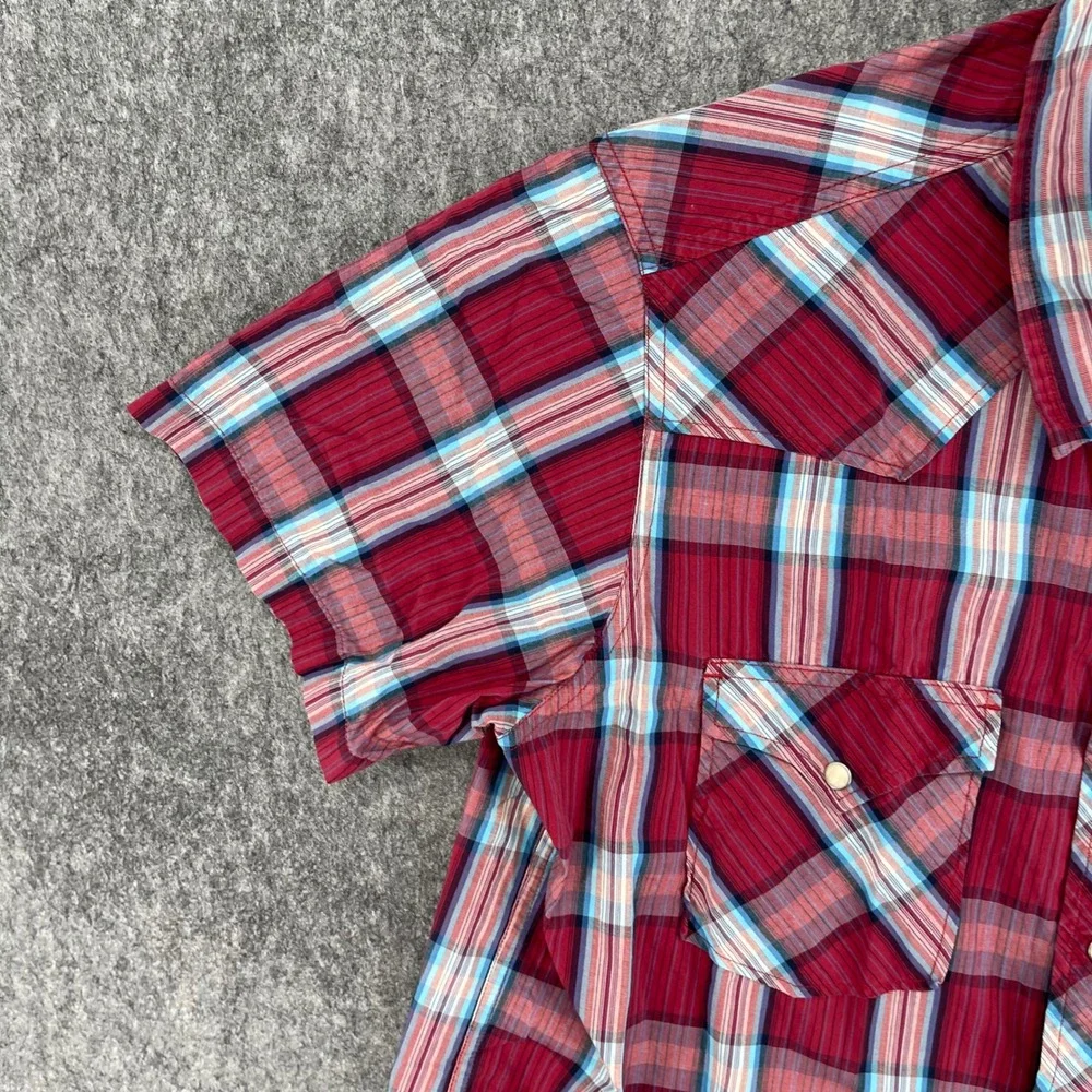 Lucky Brand Shirt Mens Large Red Plaid Short Sleeve Western Pearl Snap Cowboy